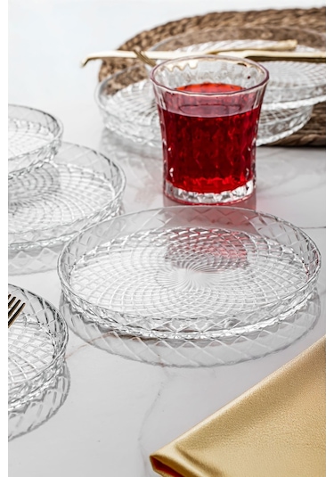 Porsima Venedik Pasta Tabağı Dik Tabak - 6lı Cam Sunumluk Pasta Kurabiye Kek İkram Servis Tabağı-16 Cm Şeffaf