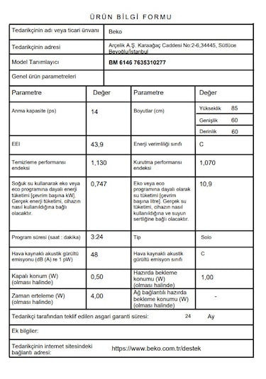 Beko BM 6146 6 Programlı 14 Kişilik Bulaşık Makinesi