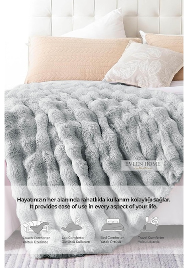 Kürk Yatak Örtüsü Çift Kişilik Dolgulu Peluş Yumuşak Çift Taraflı Yorgan 3 Parça Loria Gri Gri