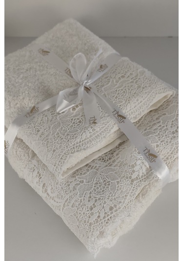 Gipür Dantelli Banyo Havlusu Takımı-%100 Pamuk Banyo Seti-gelin Havlusu Krem Krem