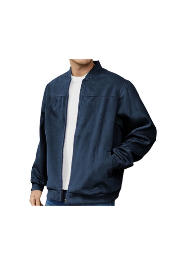 Edwardest Erkek Süet Bomber Fermuarlı Hırka Ceket Koyu Mavi