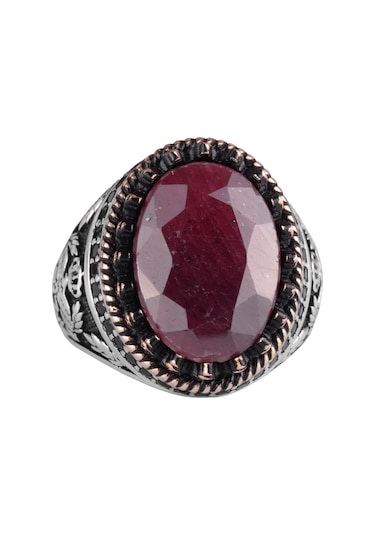 Gerçek Doğal Taş Yüzük - El Yapımı Kartal Yüzüğü - 925 Ayar Gümüş Yüzük Yakut Gümüş