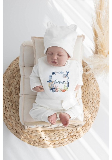 Lilabio %100 Organik Isme Özel Isimli 10lu Hastane Çıkışı Deniz Canlıları Ekru