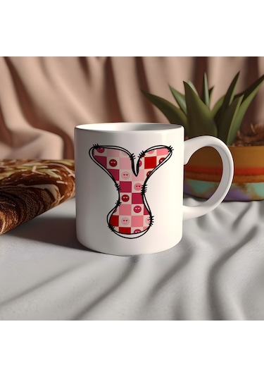 Y Harfi Pembe Kareli Kalpli Göz Emojili Kupa Bardak Eğlenceli Kareli Tasarım Kahve Çay Kupası 07 Beyaz