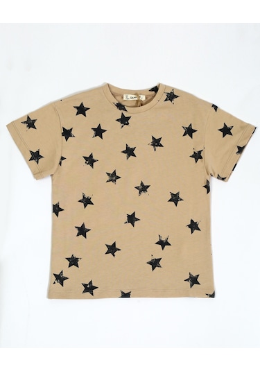 Luess Baskılı Oversize Kısa Kol Erkek Çocuk T-shirt Bej