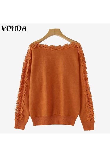 Vonda Kadın Sonbahar Dantel Yuvarlak Yaka Uzun Kollu Kazak Kazaklar Turuncu