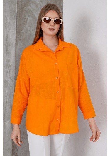Paw Garage Kadın London Keten Tek Cepli Oversize Gömlek, Premium Kalite Keten Gömlek Turuncu