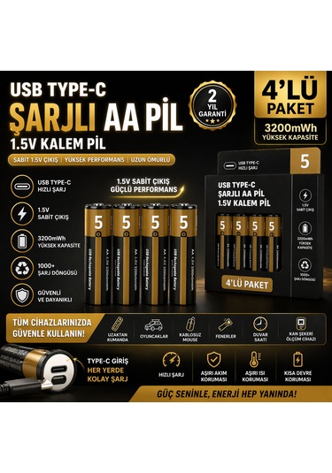 Usb Type-c Şarjlı Aa Lityum Pil 1.5v Sabit Çıkış 3200mwh 4 Lü Paket