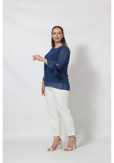 3119i İndigo Kolu Valon Ve Bağcık Detaylı Bluz Indigo