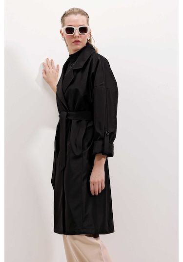 Gabria Kol Katlamalı Bağcıklı Trenchcoat Siyah