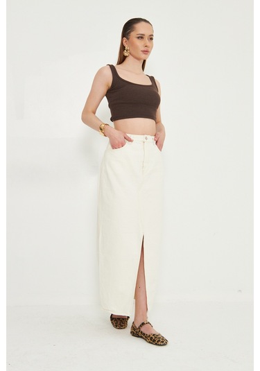 Beyaz Uzun Onden Yirtmacli Spor Denim Etek Beyaz