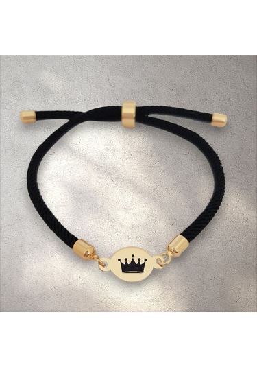 14 Ayar Altın Plakalı Oval Motifli İpek Örgülü Taç Sembollü Hediye Bileklik-320sembol-siyah Altın