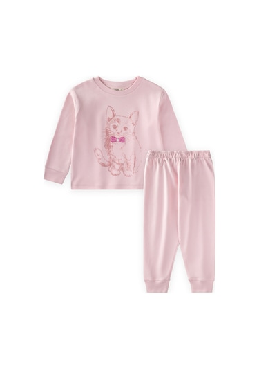 Kedi Baskılı Pijama Takım 2-8 Yaş Pudra Pembe Pudra Pembe