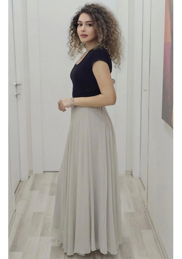 Bel Lastikli Kloş Şifon Etek 6003-taş Taş
