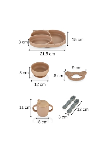 2'li Silikon Bebek Beslenme Seti / Bölmeli Mama Tabağı / Mama Kaşığı Mocca