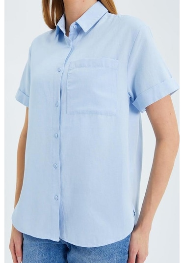 3950 Kadın Oxford Kısa Kollu Basic Gömlek Bebe Mavi Bebe Mavi