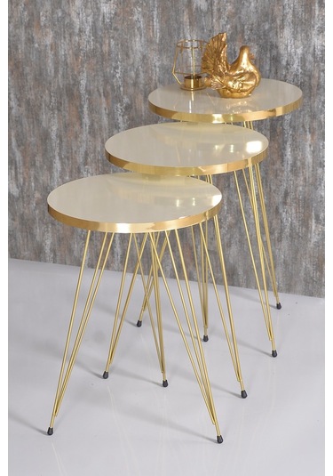 Goldfalez Elips Set  Tel Ayak Zigon ve Orta Sehpa Altın - Krem