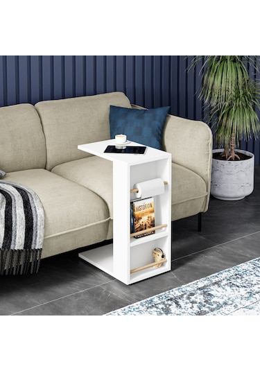 Tekerlekli Yan Sehpa Rulo Havlu Takılabilir Koltuk Sehpası C Sehpa Zigon Sehpa Beyaz