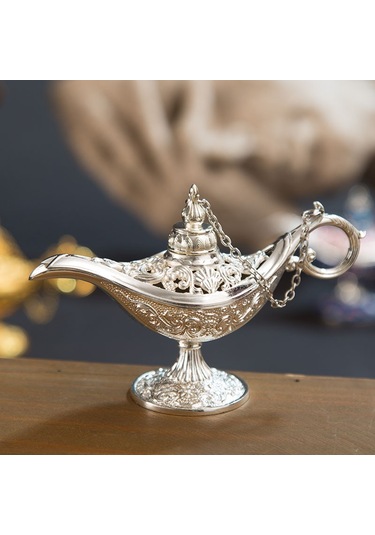 Geeroyoo Alaaddin'in Sihirli Lambası Metal Esanslı Tütsü Aromaterapi Ev Dekor Hediyelik Eşya, Gümüş Renk