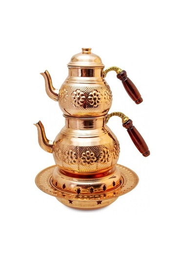 Bakır El İşlemeli Isıtıcılı Çaydanlık Sarı