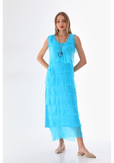 Italyan 2 Beden İnce Gösteren Kat Kat Kolsuz Ipek Elbise Turkuaz