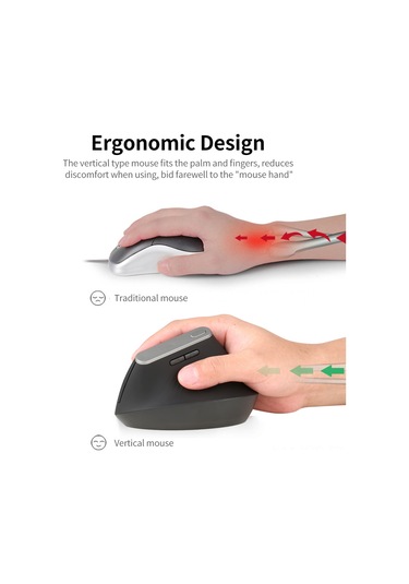 Yuntech01 57 Derece Dikey Ergonomik Mouse - 2.4g Kablosuz, 3 Seviye Dpı Ayarı 800-1200-1600 , Siyah, Usb Alıcı, Pil Dahil Değil