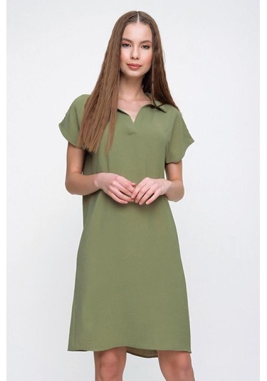 Kadın Bol Kesim Polo Yaka Kısa Kollu Günlük Kısa Midi Elbise Dizüstü 2883200 Haki