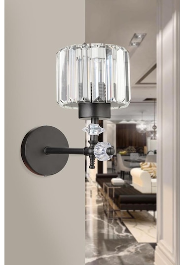 İstanbul Avize Cabo Tekli Siyah Y 10 Kristal Taşlı Aplik Siyah