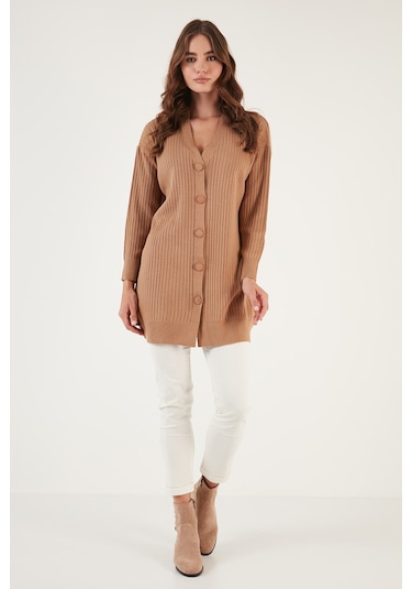 Lela V Yaka Düğmeli Uzun Triko Bayan Hırka 4616040Y Camel