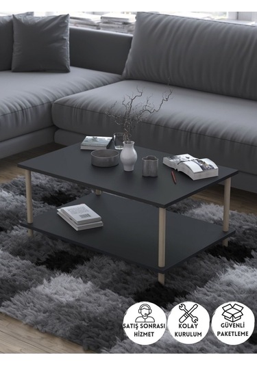 Dikdörgen Orta Sehpa Ahşap Ayaklı Sehpa Iki Raflı Sehpa Dekoratif Sehpa Gazetelikli-antrasit-90x60