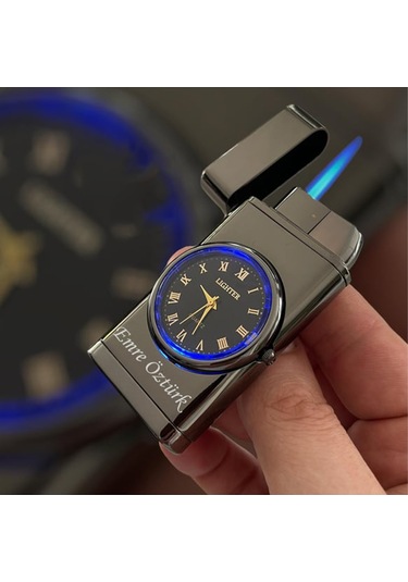 Kişiye Özel Çift Yön Baskı Turbo Jet Işıklı Saatli Çakmak -kutulu Ve Hediye Paketinde