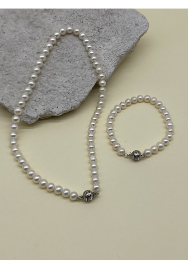 Beyaz Doğal İnci Erkek Kolye Bileklik Set Gümüş