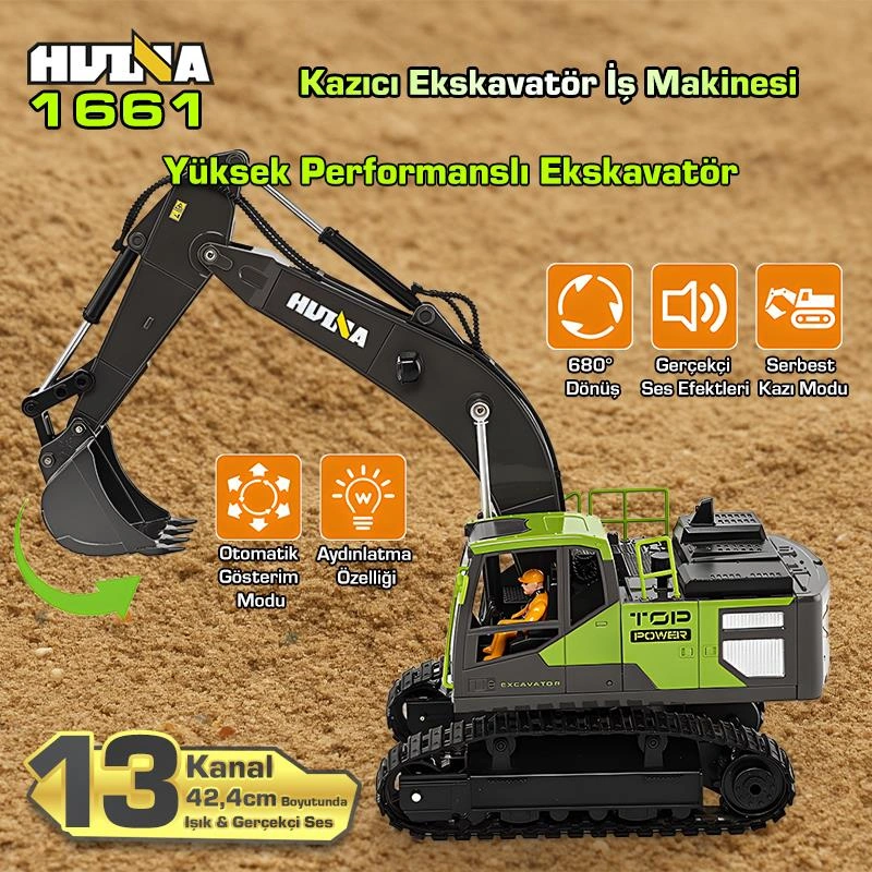 Huına 1661 1/18 13ch Kazıcı Ekskavatör İş Makinesi İnşaat Uzaktan Kumandalı Rc Model Metal Kepçeli - 2.4ghz Gerçekçi Similasyon Ses Ve Işık Sistemi