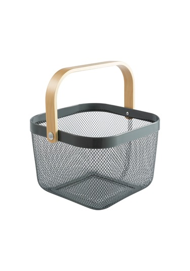 Sones Kare Ahşap Saplı Örgü Sepet Atıştırmalık Meyve Saklama Sepeti Gri