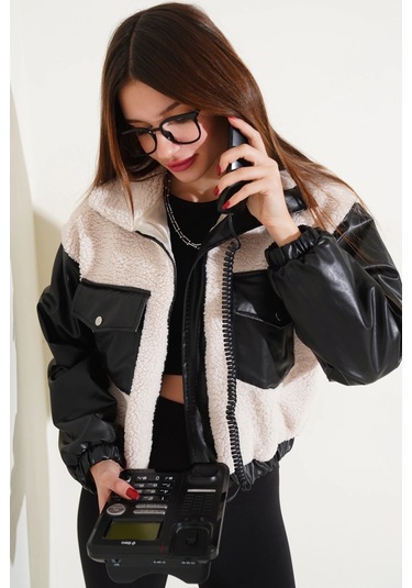 Deri Garnili Cepli Peluş Mont Siyah T1253 Siyah