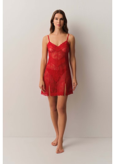Suwen Dark Romance Dantelli Kısa Gecelik St4455613082 Kırmızı