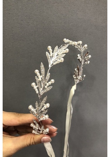 FdayAksesuar Yapraklı Incili Gümüş Gelin Tacı FRDY31382