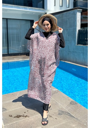 Remsa Mayo Üzerine Kaftan Pareo 430-217 Leopar Bordo Bordo