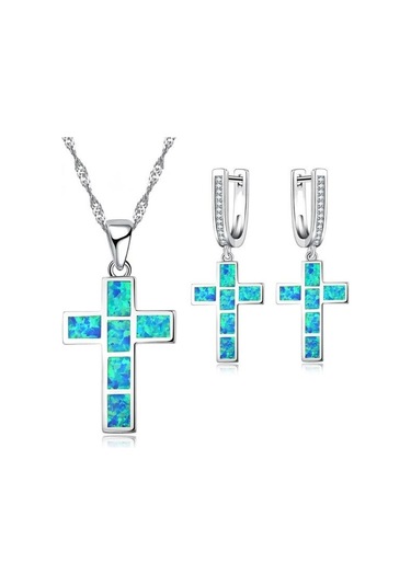Mavi Moda İsa Haç Aksesuarları Kadınlar Için Set İmitasyon Mavi Ateş Opal Çapraz Kolye Kolye Küpe Kadın Düğün Takısı Mavi