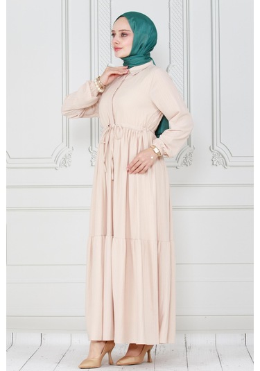 Gömlek Yaka Beli Tünelli Sare Elbise-bej-4074-bej Bej