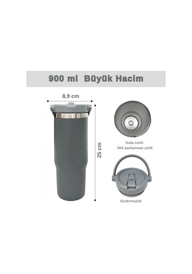 Pipetli Termos Bardak 900 Ml Paslanmaz Çelik -çift Kullanımlı Kapak Gri