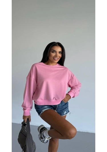 Esa35takı Kadın Bisiklet Yaka Sweatshirt Pembe