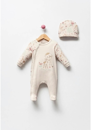 By Bubbles Sevimli Ceylan Baskı Kız Bebek Tulum Ekru