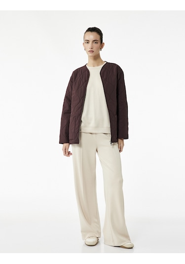 Koton Uzun Kollu Cepli Bisiklet Yaka Fermuarlı Oversize Kapitone Ceket Bordo 6wak20288ew Bordo