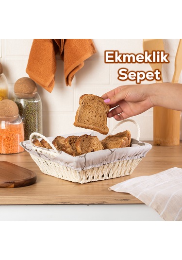 Porsima Mio-021 Hasır Görünümlü Kulplu Kare Ekmek Sepeti Beyaz