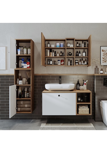 "lavabolu" Mdf 95 Cm Çekmeceli Lotus Oval Lavabolu Banyo Dolabı Atlantik Çam - Beyaz