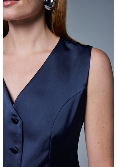 Sateen Klasik Düz Yelek - Lacivert-137032 Lacivert