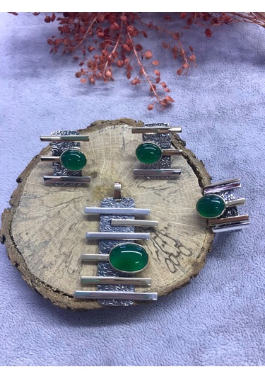 Nsa Gümüş Yeşil Akik Taşlı 925 Ayar Doğal El İşi Gümüş Set