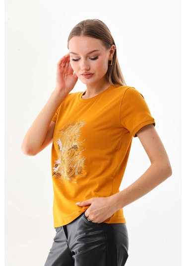Sistas Kadın Yazı Detaylı Kısa Kol Pamuklu Bluz 23042 Safran