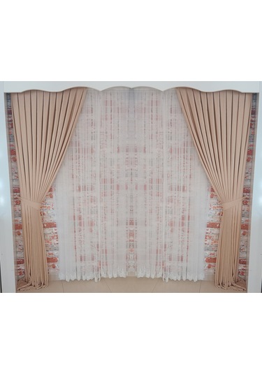 Açık Vizyon Renk Fon Kadife Perde Çift Kanat 1/3 Sık Pileli Dikim V-05 Açık Vizon